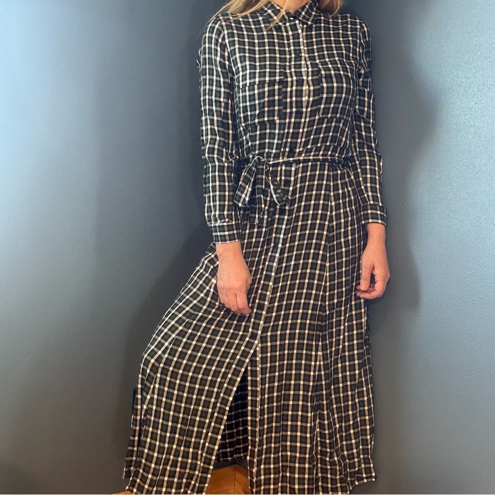 Zara Dark Green Checkered Long Sleeve Shirt Dress size Large - Picture 7 of 13